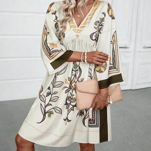 Multicolor Women's Floral Print V-Neck Loose Vacation Style Dress For Summer